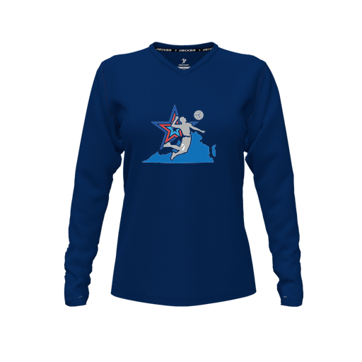 [CUS-DFW-TEES-CMF-VNK-LSL-NVY-FYXS-LOGO1] Decker Comfort T-Shirt (Female Youth XS, Navy, V Neck, Logo 1, Long Sleeve)