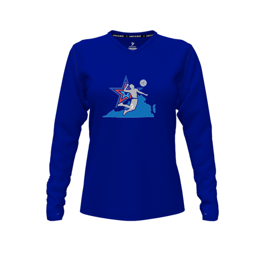 [CUS-DFW-TEES-PER-VNK-LSL-RYL-FYXS-LOGO1] Performance T-Shirt (Female Youth XS, Royal, V Neck, Logo 1, Long Sleeve)